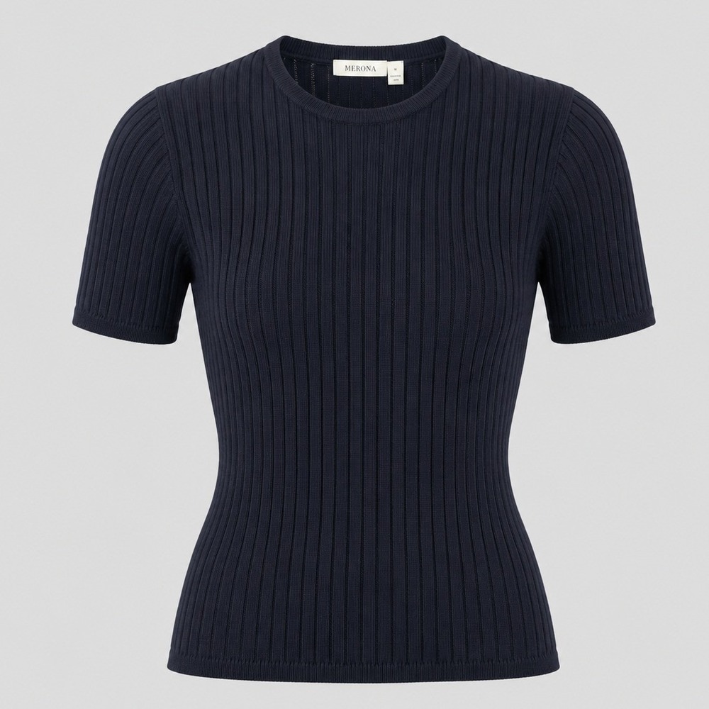 100%.Silk NWT Navy Ribbed Short-Sleeve Sweater